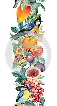 Decorative fruits and birds beautiful seamless banner: mango fruit, exotic leaves. Watercolor tropical repeated stripe