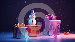 Decorative funny figures of a snowmans gift boxes with lights. Christmas sale. Holiday background. AI generated