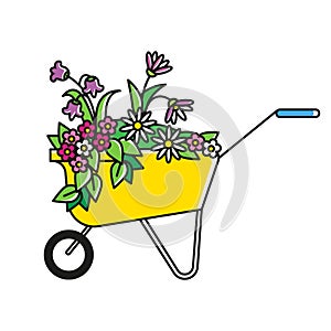 Decorative garden cart with flowers and leaves. Handcart with Daisy, Pansy, Astra and grass. Lovely garden symbol.