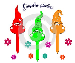 Decorative garden toppers with gnomes and vegetables. Toppers with carved elements