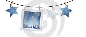 Decorative garland with starry night picture illustration and fancy stars on wooden clothes pins.