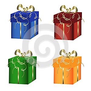 Decorative gift boxes in green, red, yellow, blue. Holiday gift wrapping