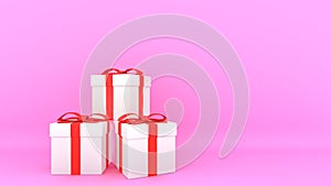 Decorative gift boxes with red bows and ribbons with pink background., 3D rendering