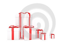 Decorative gift boxes with red bows and ribbons with white background., 3D rendering