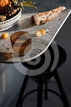 Decorative glass on table with terrazzo structure