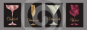 Decorative glasses for wine, champagne, cocktails, vermouth