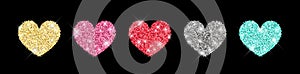 Decorative glitter shiny hearts set isolated on black. Rose gold, pink, golden, silver, red, mint glossy sparkles shape