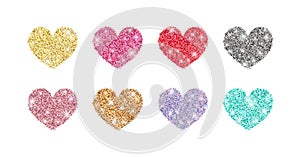 Decorative glitter shiny hearts set isolated on white. Rose gold, pink, golden, silver, red, mint, holographic glossy