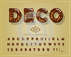 Decorative glossy font. Cartoon 3d alphabet. Festive ornate letters and numbers. Vintage royal design. Vector