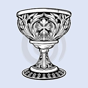 Decorative Goblet. Medieval gothic style concept art. Design element. Black a nd white drawing isolated on grey