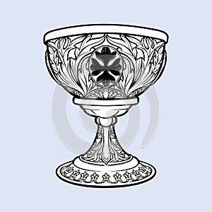 Decorative Goblet. Medieval gothic style concept art. Design element. Black a nd white drawing isolated on grey