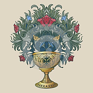 Decorative Goblet. Medieval gothic style concept art. Design element. Black a nd white drawing isolated on grey