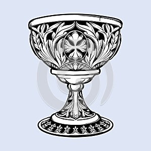 Decorative Goblet. Medieval gothic style concept art. Design element. Black a nd white drawing isolated on grey photo
