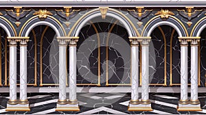 Decorative gold columns and arches in a black marble wall. Modern cartoon illustration of a luxurious vintage interior