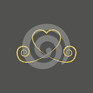 decorative gold heart icon. glitter logo, love symbol with a shadow on a black background. use in decoration, design, emblem.