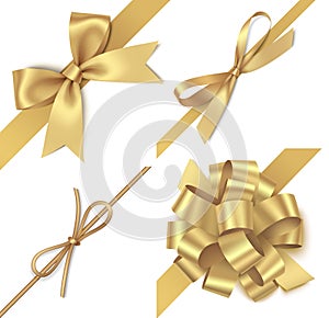 Decorative golden bow with diagonally ribbon for corner decor. New year holiday decorations set. Vector illustration
