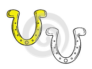 Decorative golden horseshoe for luck isolated on white background. Hand drawn vector sketch illustration in doodle engraved