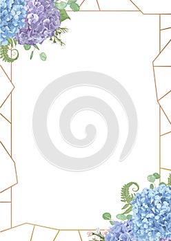 Decorative golden rectangular frame with.leaves, branches eucalyptus, gaultheria, salal, chamaelaucium, fern.Blue, purple, of