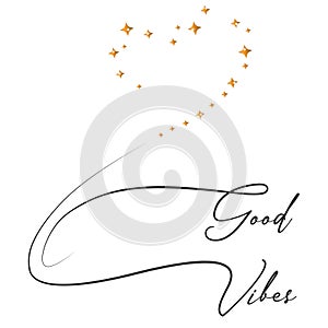 decorative good vibes slogan with heart made of golden stars on white background