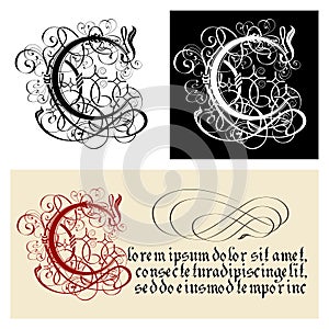 Decorative Gothic Letter C. Uncial Fraktur calligraphy. photo