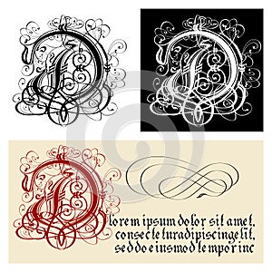 Decorative Gothic Letter D. Uncial Fraktur calligraphy. photo
