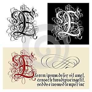 Decorative Gothic Letter E. Uncial Fraktur calligraphy. photo