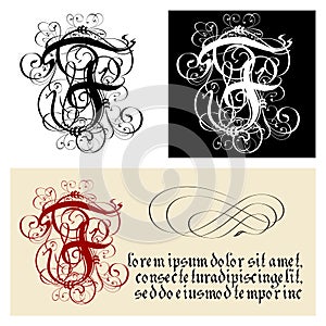 Decorative Gothic Letter F. Uncial Fraktur calligraphy. photo