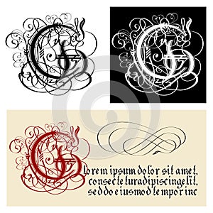 Decorative Gothic Letter G. Uncial Fraktur calligraphy. photo