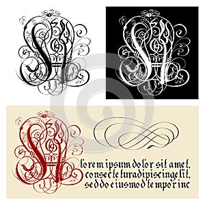 Decorative Gothic Letter H. Uncial Fraktur calligraphy. photo
