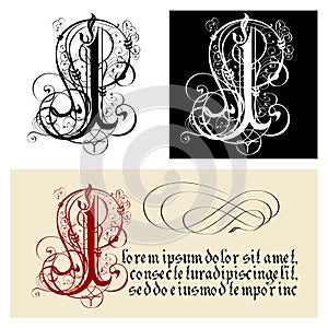 Decorative Gothic Letter I. Uncial Fraktur calligraphy. photo