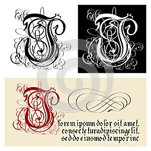 Decorative Gothic Letter J. Uncial Fraktur calligraphy.
