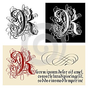 Decorative Gothic Letter K. Uncial Fraktur calligraphy. photo