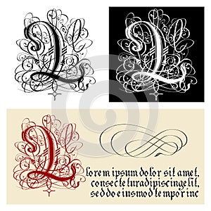 Decorative Gothic Letter L. Uncial Fraktur calligraphy. photo