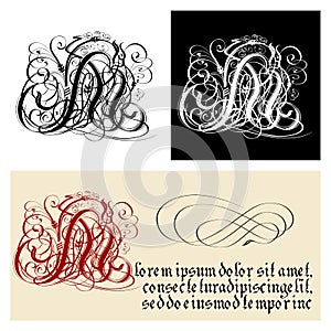 Decorative Gothic Letter M. Uncial Fraktur calligraphy. photo