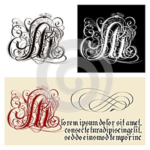 Decorative Gothic Letter M. Uncial Fraktur calligraphy. photo