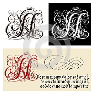 Decorative Gothic Letter N. Uncial Fraktur calligraphy. photo