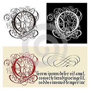 Decorative Gothic Letter O. Uncial Fraktur calligraphy. photo