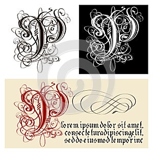 Decorative Gothic Letter P. Uncial Fraktur calligraphy. photo