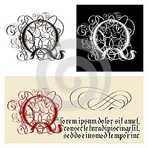 Decorative Gothic Letter Q. Uncial Fraktur calligraphy. photo