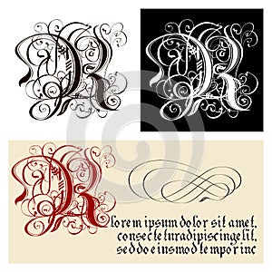 Decorative Gothic Letter R. Uncial Fraktur calligraphy. photo