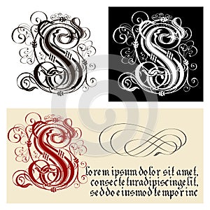 Decorative Gothic Letter S. Uncial Fraktur calligraphy. photo