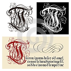 Decorative Gothic Letter T. Uncial Fraktur calligraphy. photo