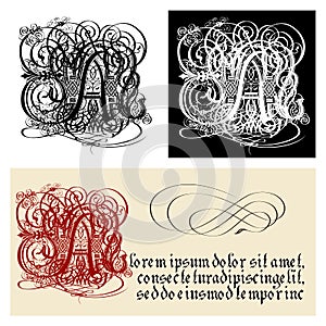 Decorative Gothic Letter A. Uncial Fraktur calligraphy.