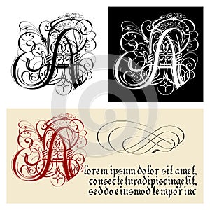 Decorative Gothic Letter A. Uncial Fraktur calligraphy. photo