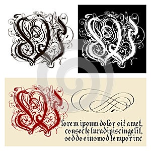 Decorative Gothic Letter W. Uncial Fraktur calligraphy. photo