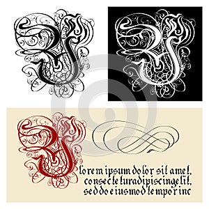 Decorative Gothic Letter Y. Uncial Fraktur calligraphy. photo