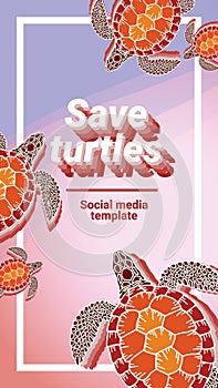 Decorative graphic social media template turtle with vintage bright blue and pink colors. Environment pollution