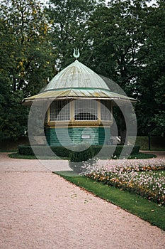 Decorative green round coneshaped building in the park Stadsparken in Lund Sweden