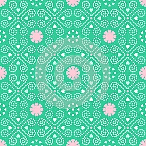 Decorative Green Tosca Pink Love Line Dot Ornament Seamless Pattern | Orl Series