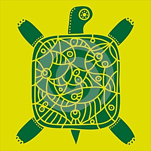 Decorative green turtle with ornament on a yellow background